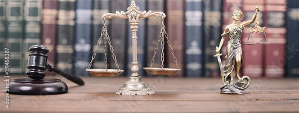 Obraz Lady Justice, Scales of Justice and Judge Gavel on a  wooden background.