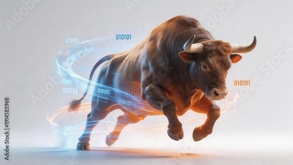 Obraz Running bull with digital binary code