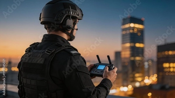 Obraz Person operating drone controller in city