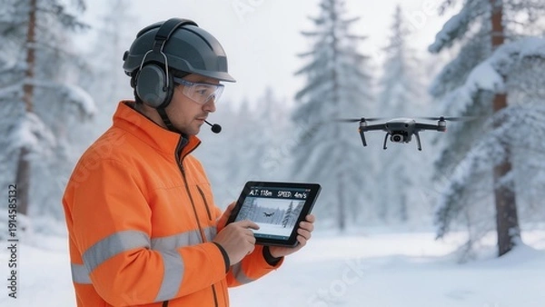 Obraz Man operating drone in snowy forest
