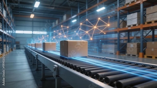 Obraz Warehouse conveyor system with boxes