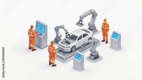 Obraz Car assembly line with workers and robots