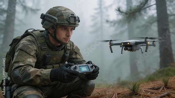 Obraz Soldier operating drone in forest