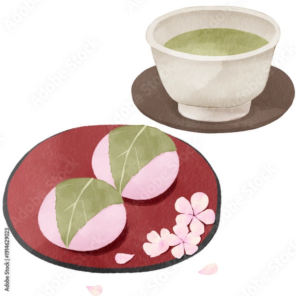 Obraz 水彩風の桜餅｜春の和菓子・道明寺・長命寺・花見・ひな祭り