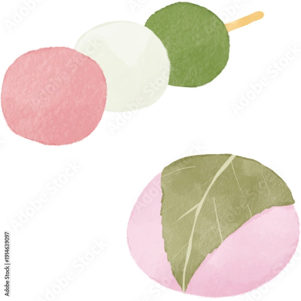 Obraz 水彩風の三色団子と桜餅｜春の和菓子・花見・道明寺・ひな祭り