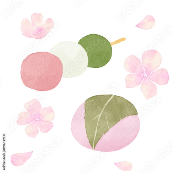 Obraz 水彩風の三色団子と桜餅｜春の和菓子・花見・道明寺・ひな祭り