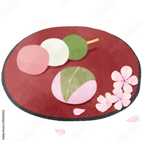 Obraz 水彩風の三色団子と桜餅｜春の和菓子・花見・道明寺・ひな祭り