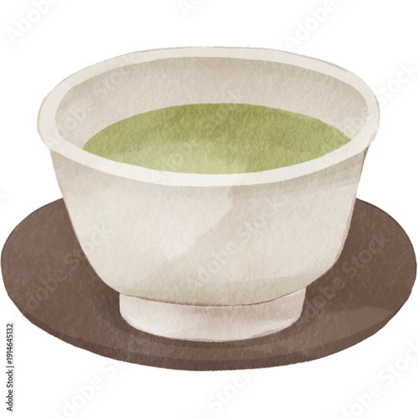 Obraz 水彩風の湯呑みの緑茶｜抹茶・日本茶・茶托付き・和風イメージ