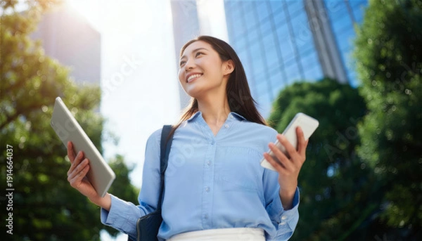 Obraz 青空の下でタブレットとスマートフォンを持ち見上げるビジネス女性