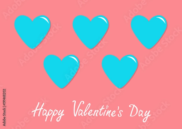 Fototapeta Blue heart icon set. Happy Valentines day sign symbol template. Cute graphic object. Flat design style. Love greeting card. Isolated. Pink background.