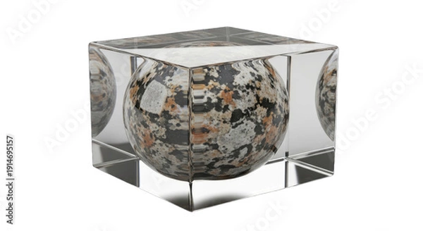 Obraz Crystal Cube Encasing Textured Sphere, Abstract Geometric Object