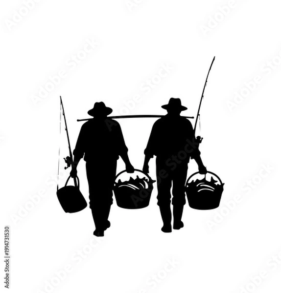 Obraz Two Workers Carrying Buckets Silhouette