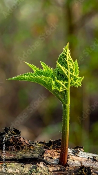 Obraz Budding green leaf sprouts from a fallen tree branch, blurred green background