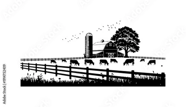 Obraz Rustic Farm Scene with Cows and Silo
