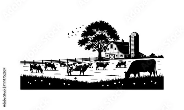 Obraz Rustic Farm Scene with Cows and Barn Silo