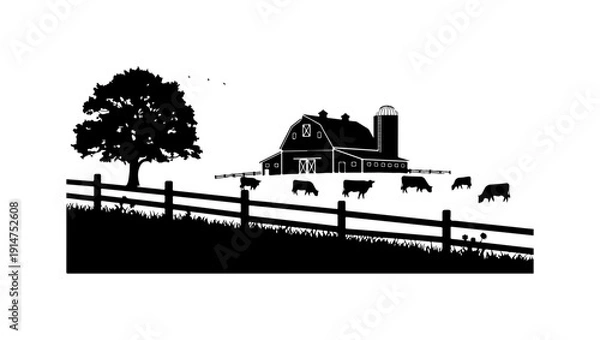 Obraz Rustic Farm Scene with Barn and Cows