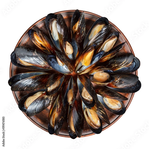 Obraz Clay dish with boiled mussels isolated on white