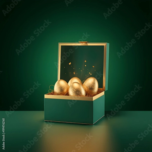 Obraz Luxury Easter golden eggs: Open emerald green gift box with magic glowing dust