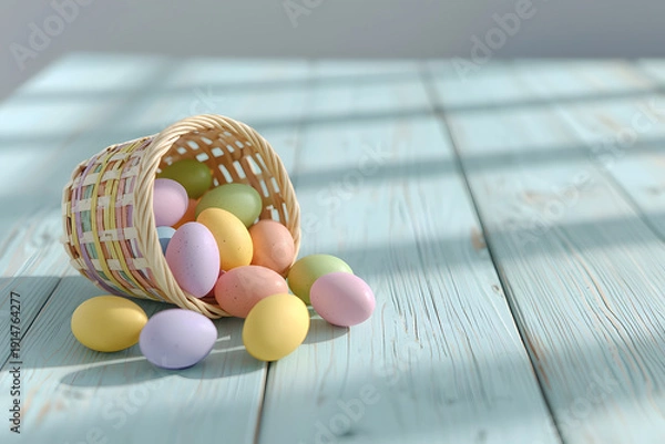 Obraz Happy Easter holiday card – Rustic spring composition with dyed eggs on timber table