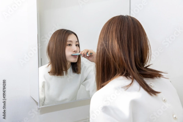 Obraz 鏡を見て歯磨きする女性