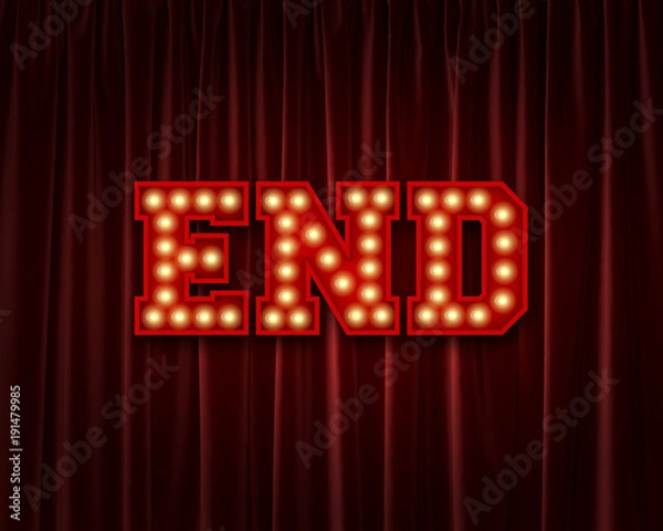 Fototapeta End lightbulb lettering word against a red theatre curtain. 3D Rendering
