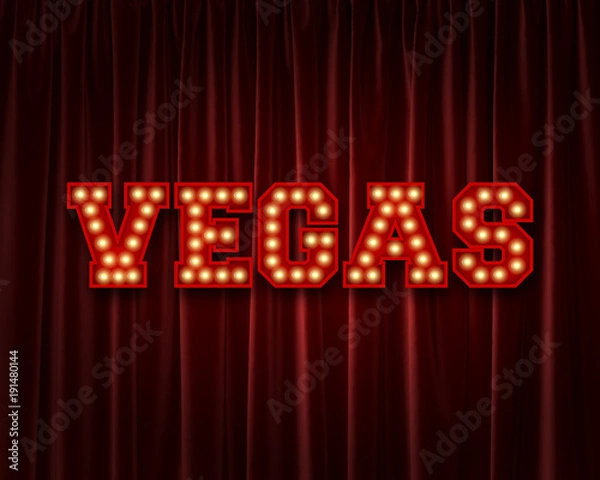 Fototapeta Vegas lightbulb lettering word against a red theatre curtain. 3D Rendering