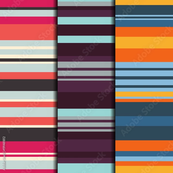 Fototapeta Set of 3 seamless patterns striped design. Retro textile prints with random colored stripes. Vector fashion backgrounds.