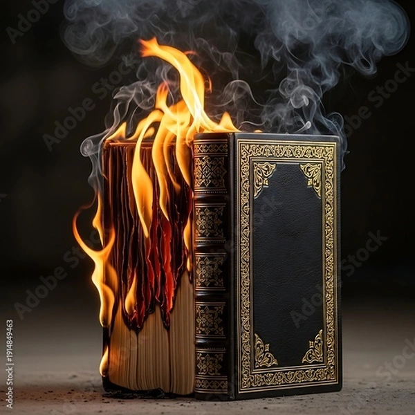 Obraz Burning Old Leather Bound Book on Fire.