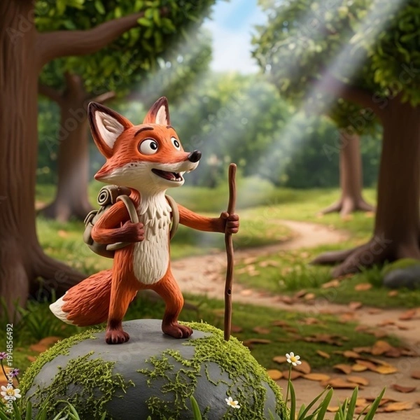 Obraz Cartoon Fox Hiking in Forest Scene.