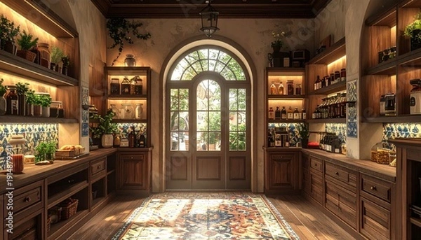 Obraz タイル壁紙とアーチ入口のカフェ風パントリー