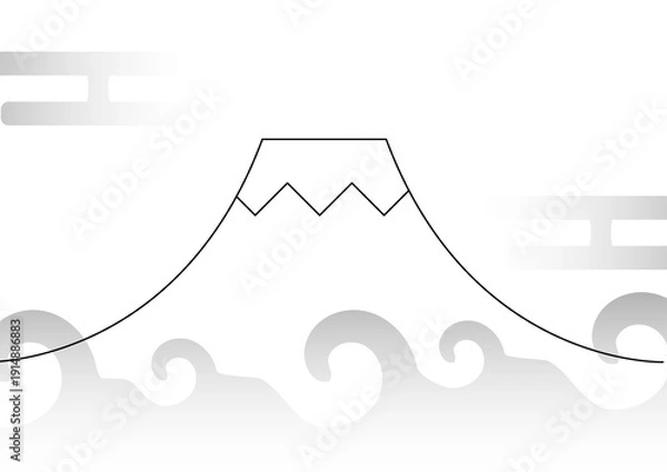 Obraz 和風の富士山と波・雲の線画イラスト・日本文化・観光・お祝いのコンセプトイメージ・年賀状や和風告知用