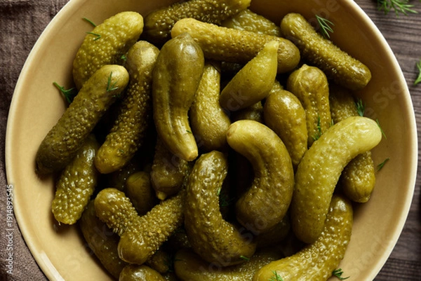 Obraz Pickled cucumbers in bowl. Close up view