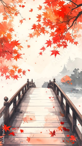Obraz 紅葉と橋の古風構図