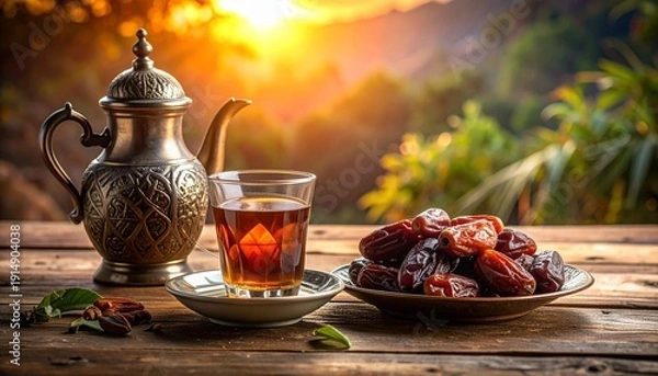 Obraz Tea and Dates on Rustic Table at Sunset