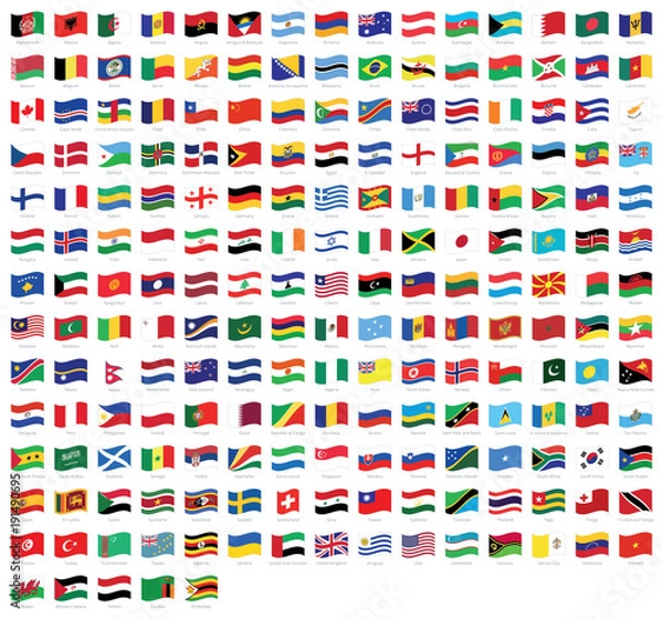 Fototapeta Wszystkie narodowe flagi macha z całego świata z nazwami - wysokiej jakości flaga wektor na białym tle