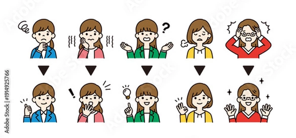 Obraz 困る・問題が解決する、若いビジネスウーマンの表情 ・ポーズのアイコンイラスト素材セット