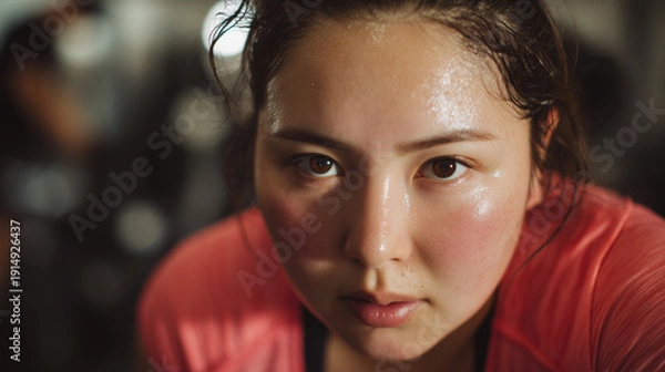 Fototapeta 運動中に疲れた表情をしているぽっちゃり女性