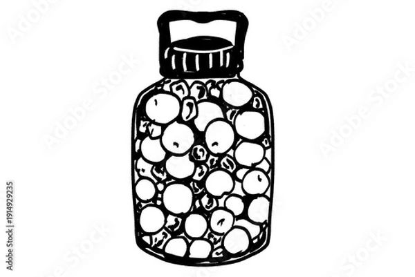 Obraz 梅酒・梅シロップの保存瓶の線画イラスト（梅仕事・手書き）