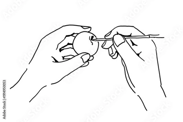 Obraz 竹串で梅のヘタを取る手元の線画イラスト（梅仕事・下処理）