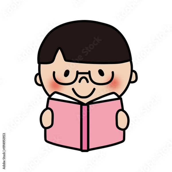 Obraz 本を読む眼鏡を掛けたサラサラヘアの子供（男の子）