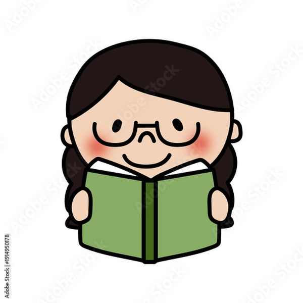 Obraz 本を読む眼鏡を掛けた三つ編みの子供（女の子）