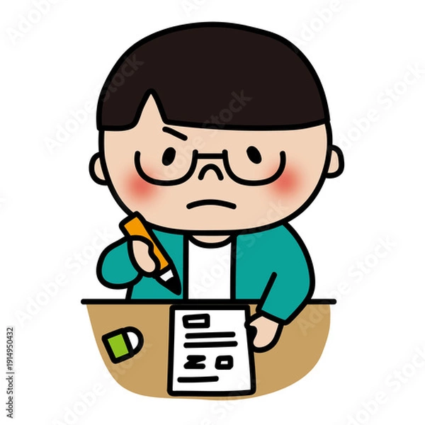 Obraz テストを受ける眼鏡を掛けたサラサラヘアの子供（男の子）