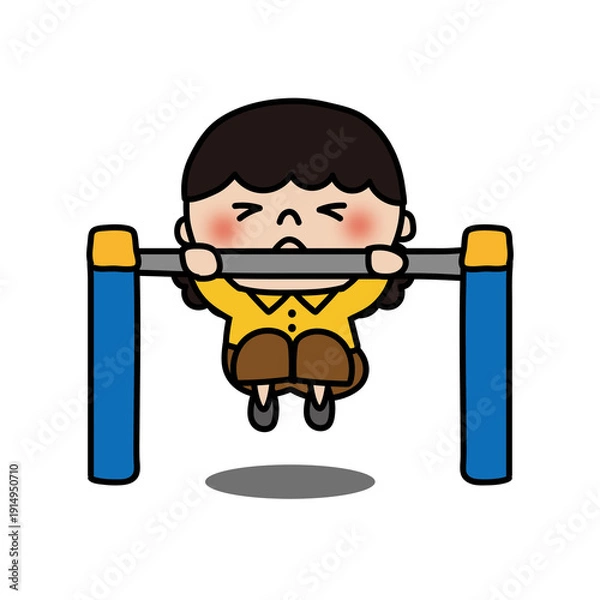 Obraz 鉄棒をするふわふわの天パの子供（女の子）