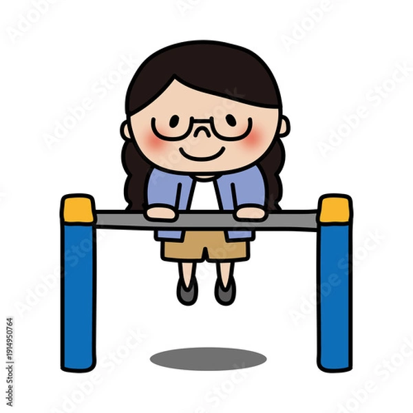 Obraz 鉄棒をする眼鏡を掛けた三つ編みの子供（女の子）