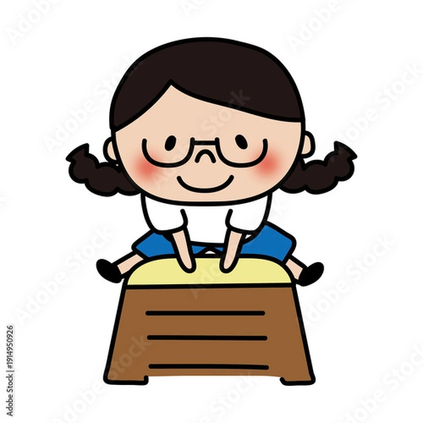 Obraz 跳び箱をとぶ眼鏡を掛けた三つ編みの子供（女の子）