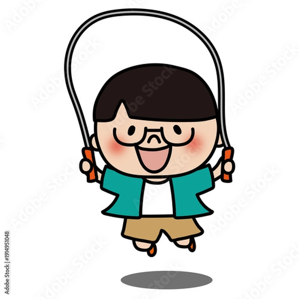 Obraz 縄跳びをする眼鏡を掛けたサラサラヘアの子供（男の子）