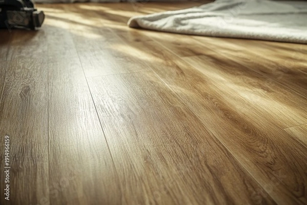 Obraz Worker installing wooden laminate flooring with tools