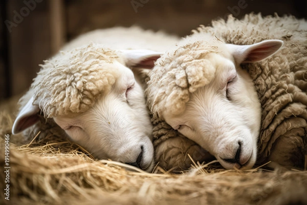 Obraz Two Sleeping Sheep Resting on Straw