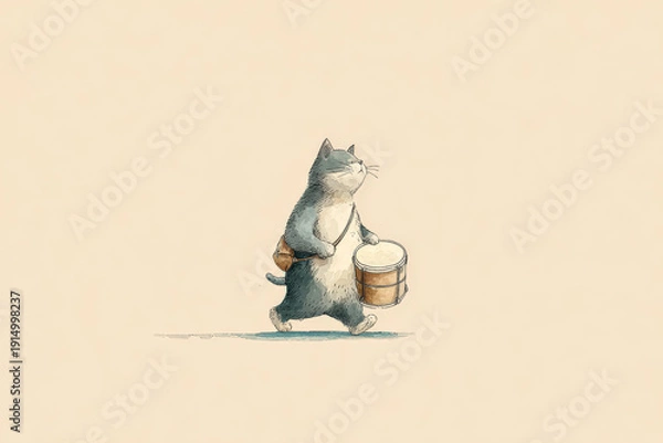 Obraz Charming Cat Character Playing a Drum