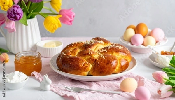 Obraz Osterbrunch mit Hefezopf und Marmelade